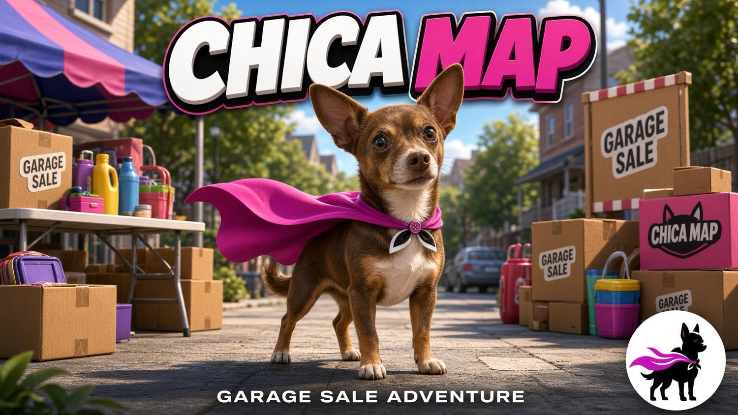 Chica the Chihuahua in a magenta cape at a garage sale